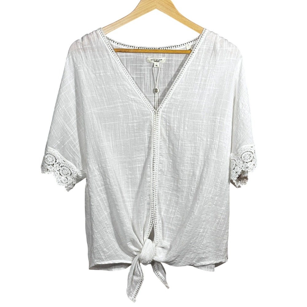 Max Studio London Blouse Womens XL White Tie Front Lace Trim V-Neck Boho Peasant